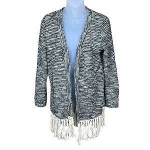 Addie Cardigan Fringe Hem Black Grey Cream Knit Open Front Boho Size Medium